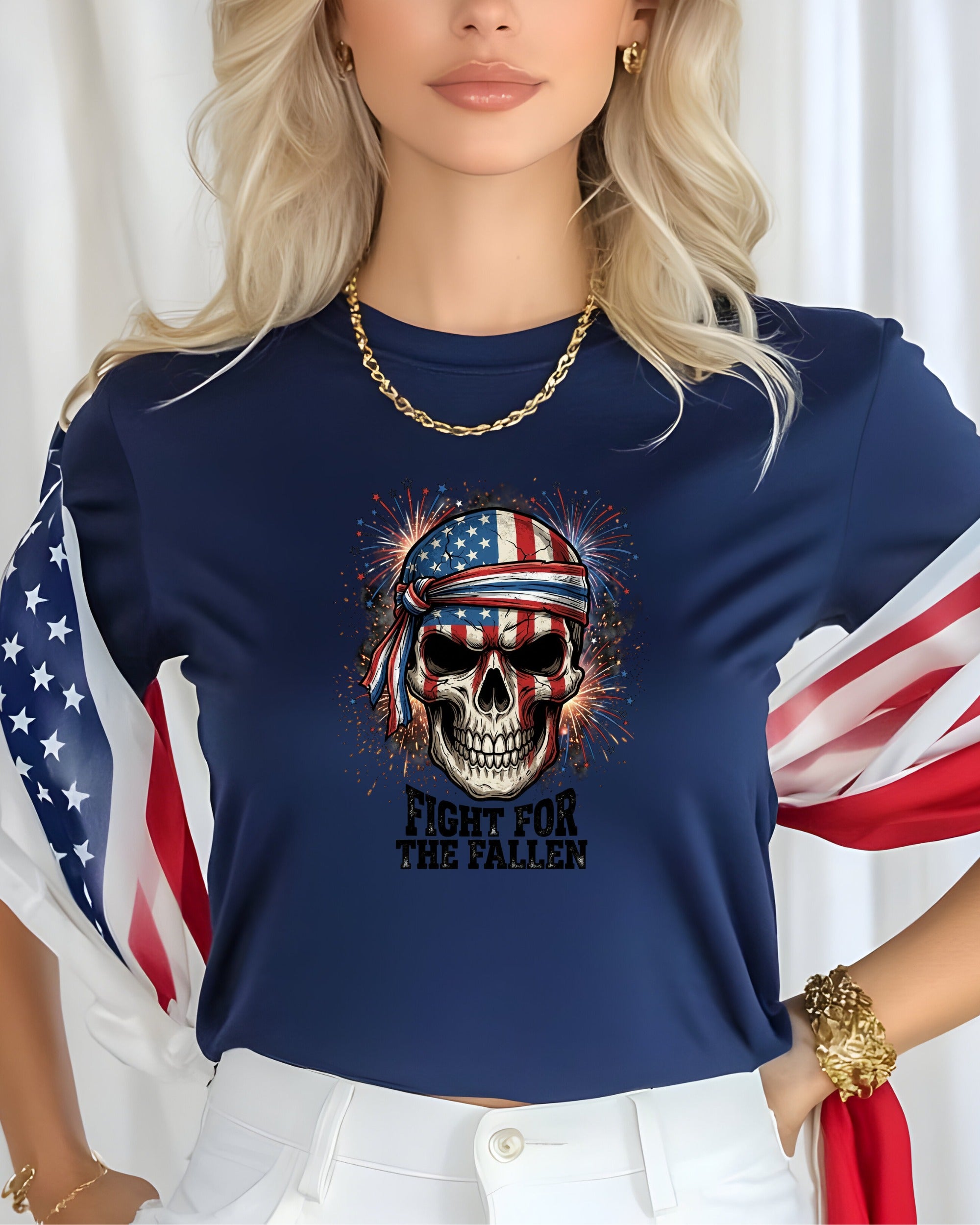 Skull with American flag bandana and "Fight for the Fallen" text.