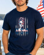 Woman wearing sunglasses and bandana with "USA" and American flag design.