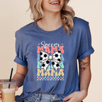 Blue t-shirt with "Soccer Mama" text and a soccer ball bow graphic.