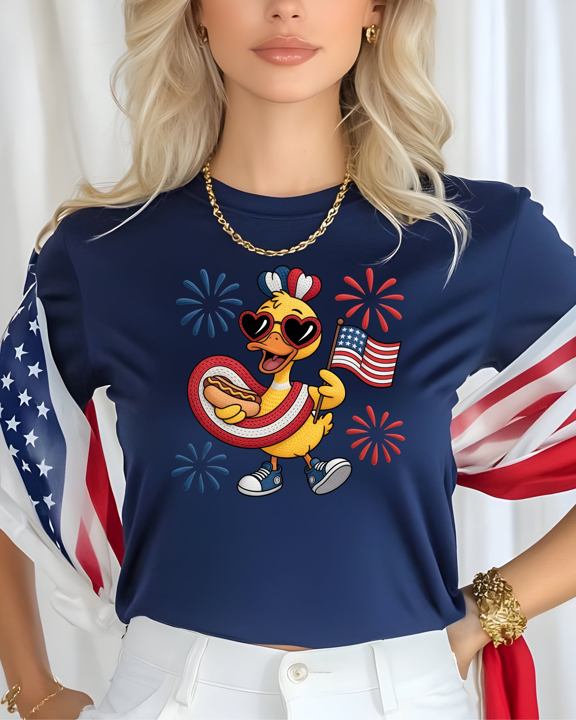 Cartoon duck in sunglasses with hot dog and American flag.
