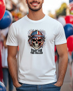 Skull with American flag bandana and patriotic fireworks, text "FIGHT FOR THE FALLEN".