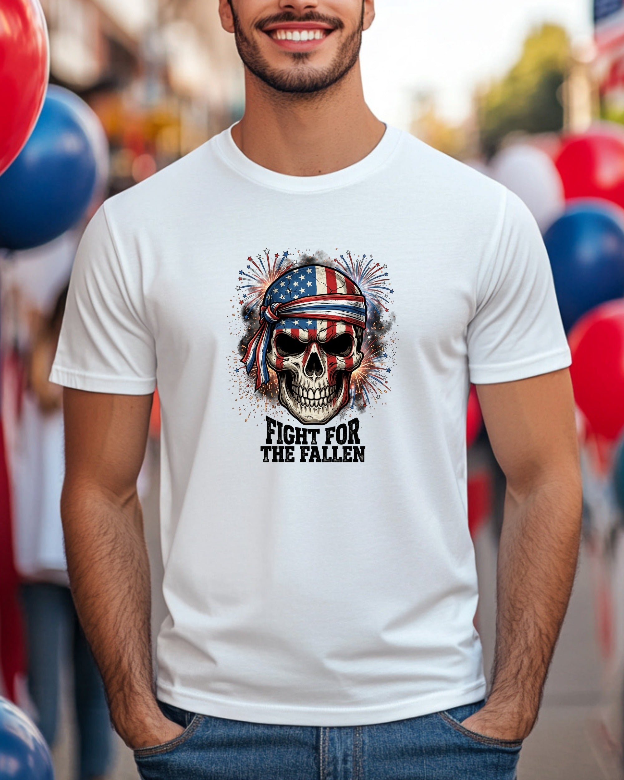 Skull with American flag bandana and patriotic fireworks, text "FIGHT FOR THE FALLEN".