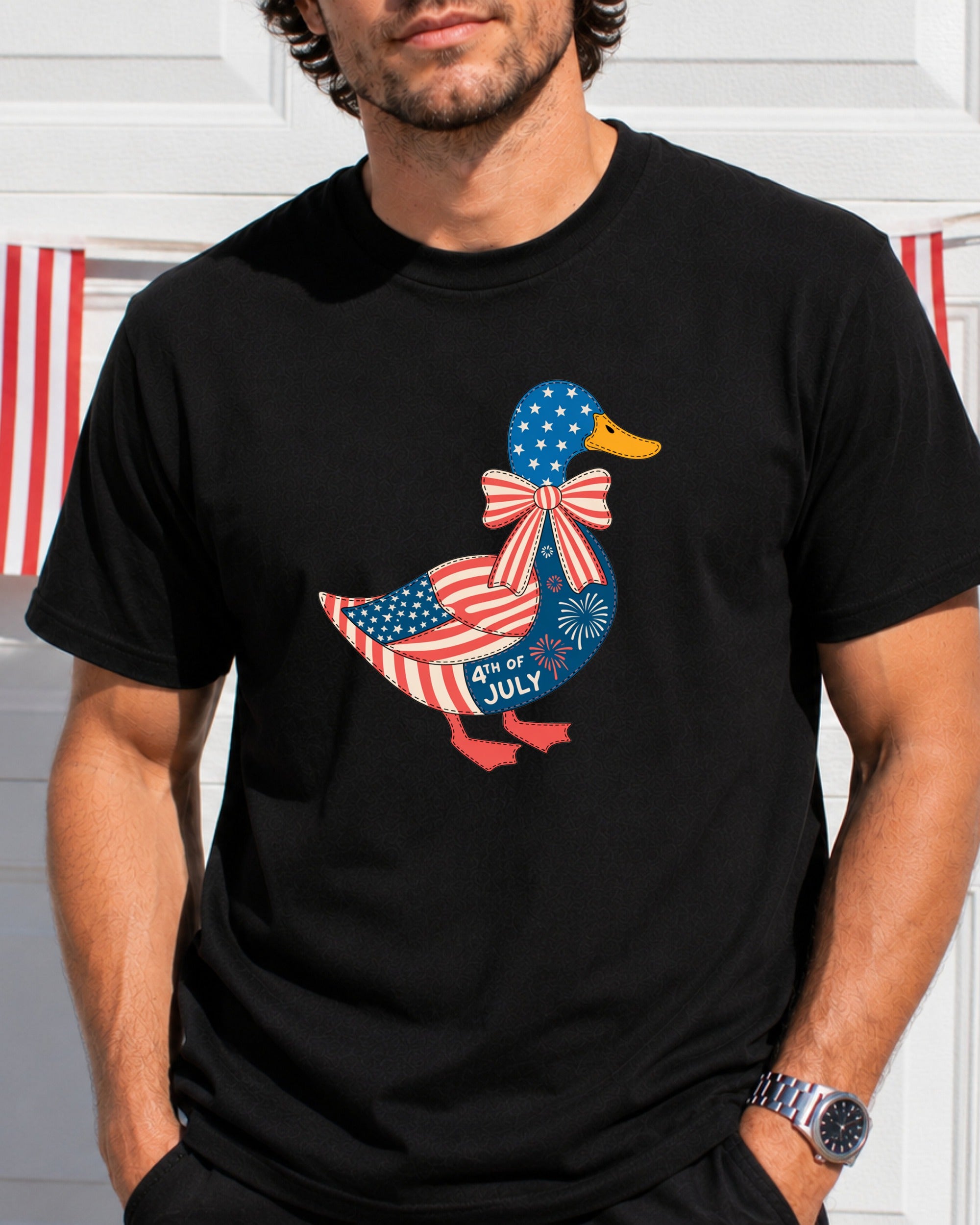 Duck graphic with 4th of July stars, stripes, and fireworks.