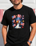 Goose wearing patriotic hat and sunglasses with American flags and hearts.