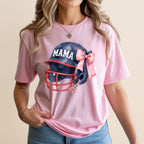 Pink t-shirt with a navy blue football helmet and pink bow graphic.