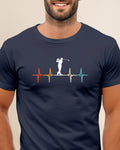 Golfer silhouette on a colorful heartbeat line graphic.