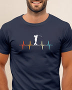 Golfer silhouette on a colorful heartbeat line graphic.