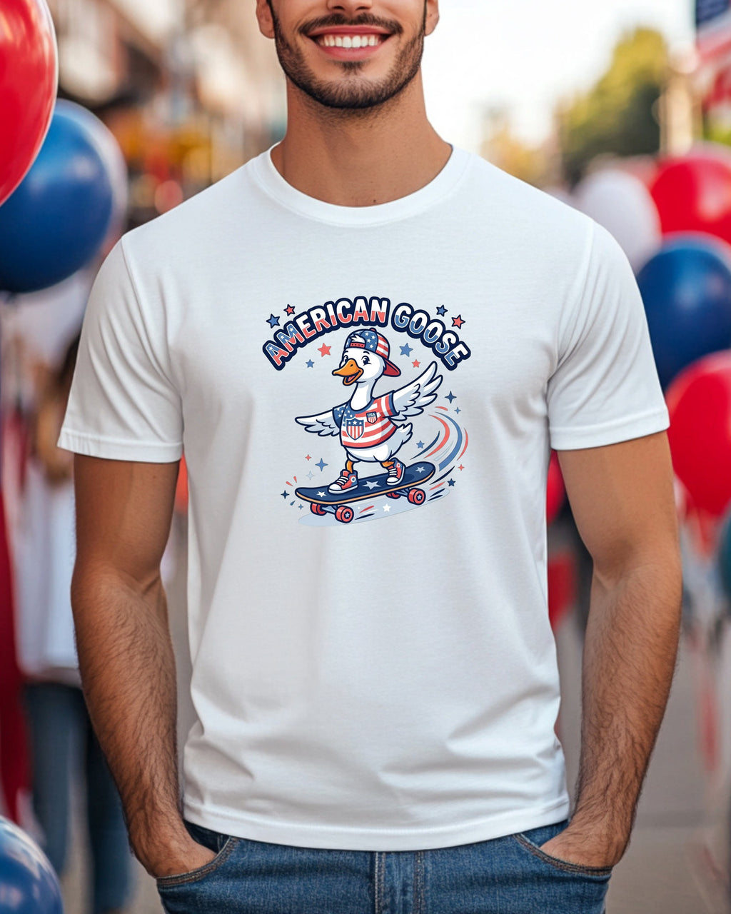 T-shirt graphic: cartoon goose wearing a bandana, riding a skateboard.