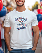 T-shirt graphic: cartoon goose wearing a bandana, riding a skateboard.
