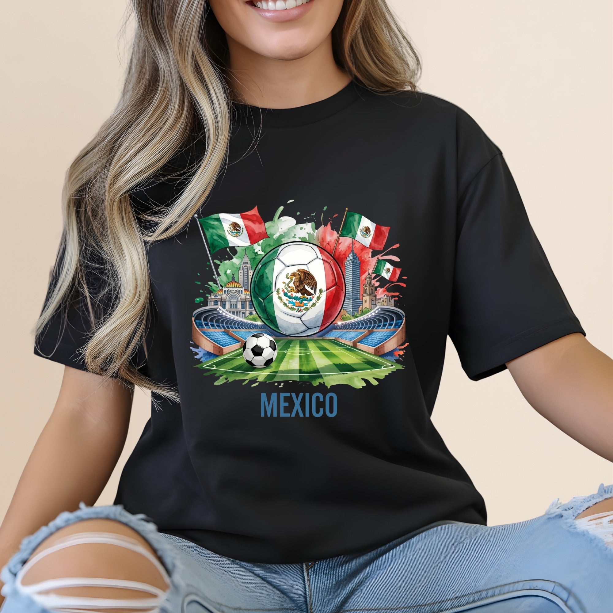 Black t-shirt with a soccer stadium, flags, and "Mexico" text.