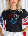 Black t-shirt with red, white, and blue hearts, words Red, White, and Blue.