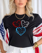 Black t-shirt with red, white, and blue hearts, words Red, White, and Blue.