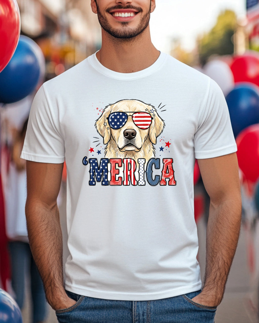 Golden retriever wearing American flag sunglasses and "MERICAN" shirt.