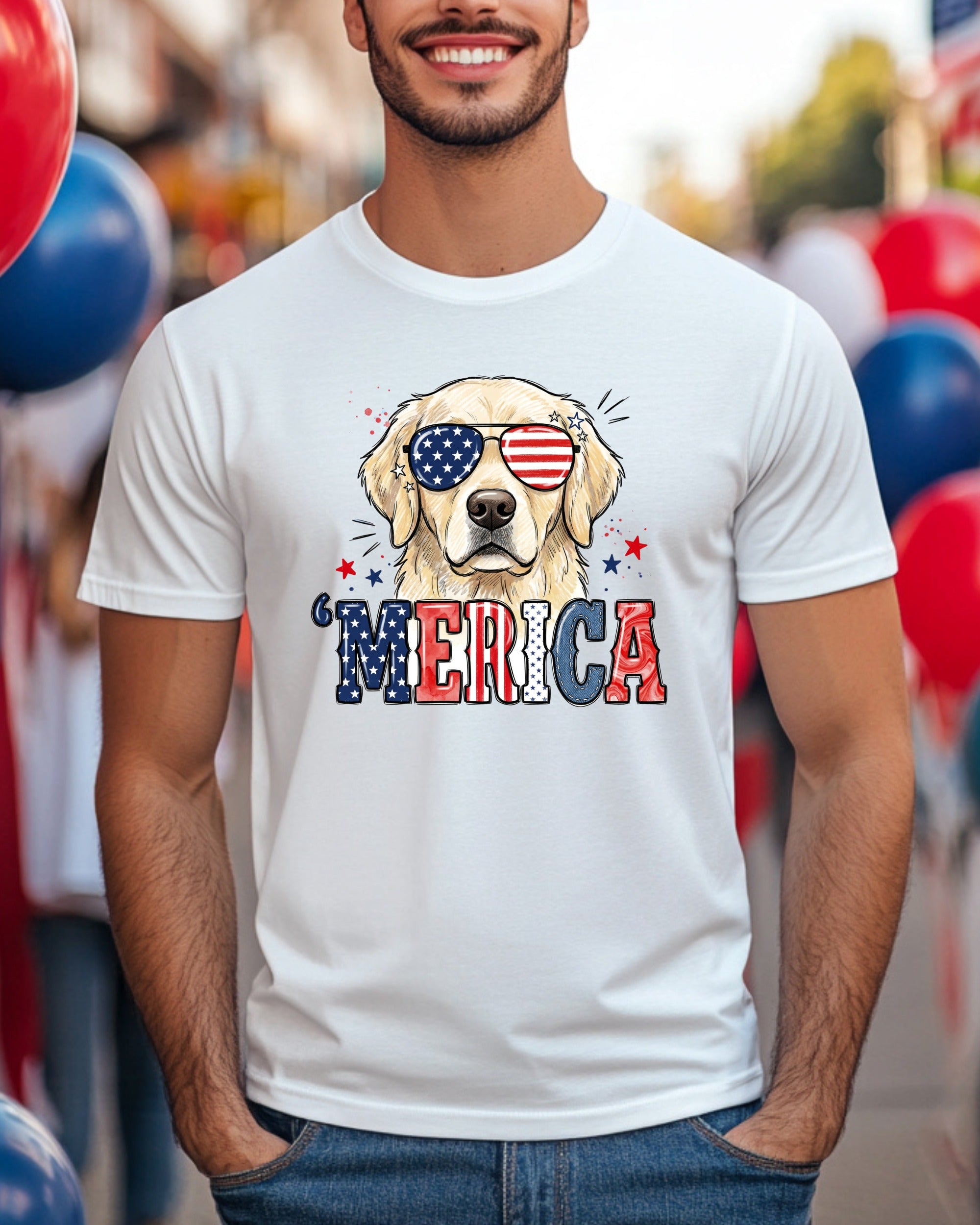 Golden retriever wearing American flag sunglasses and "MERICAN" shirt.