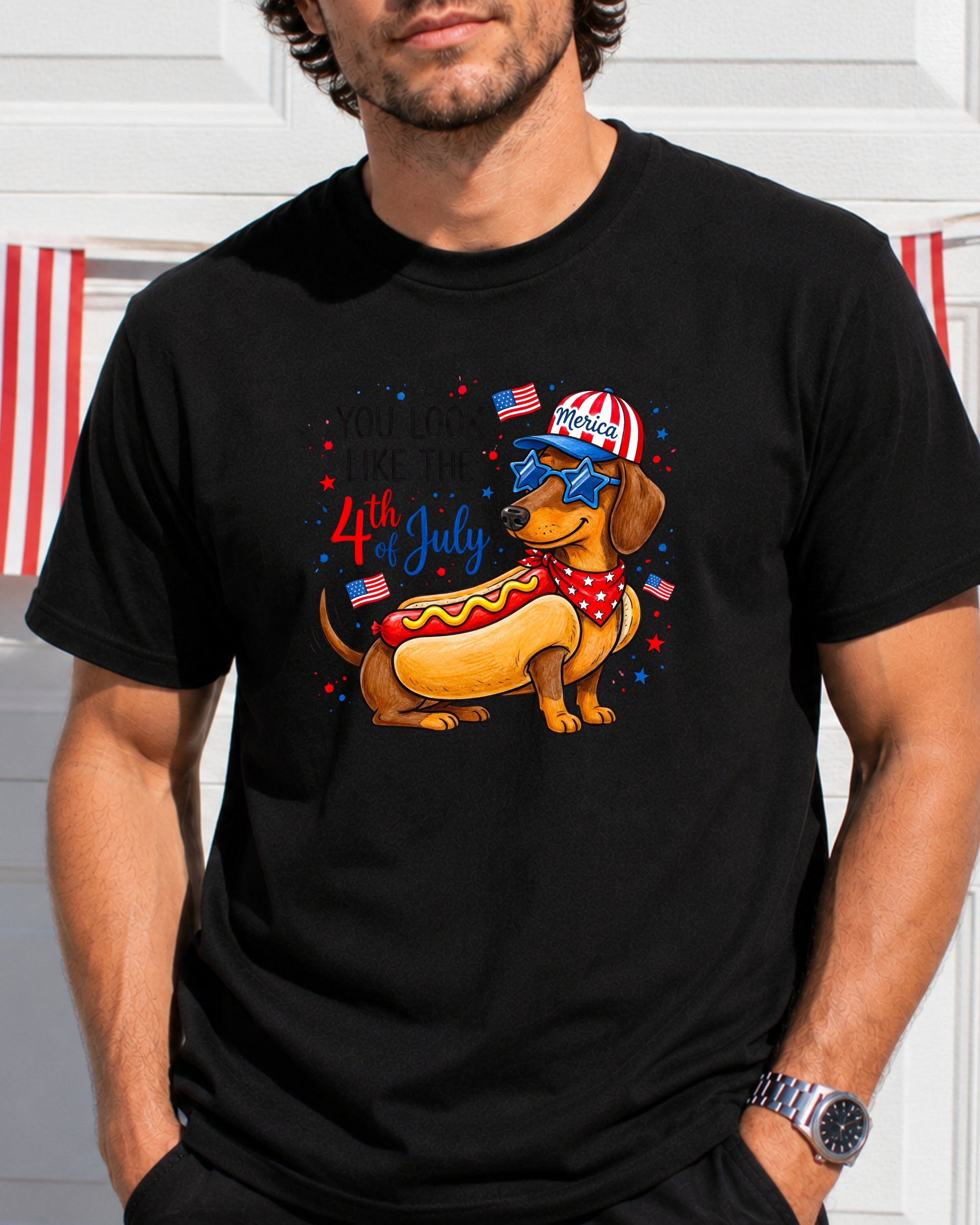 Dachshund in hot dog costume wearing USA flag hat, "You look like the 4th of July" text.