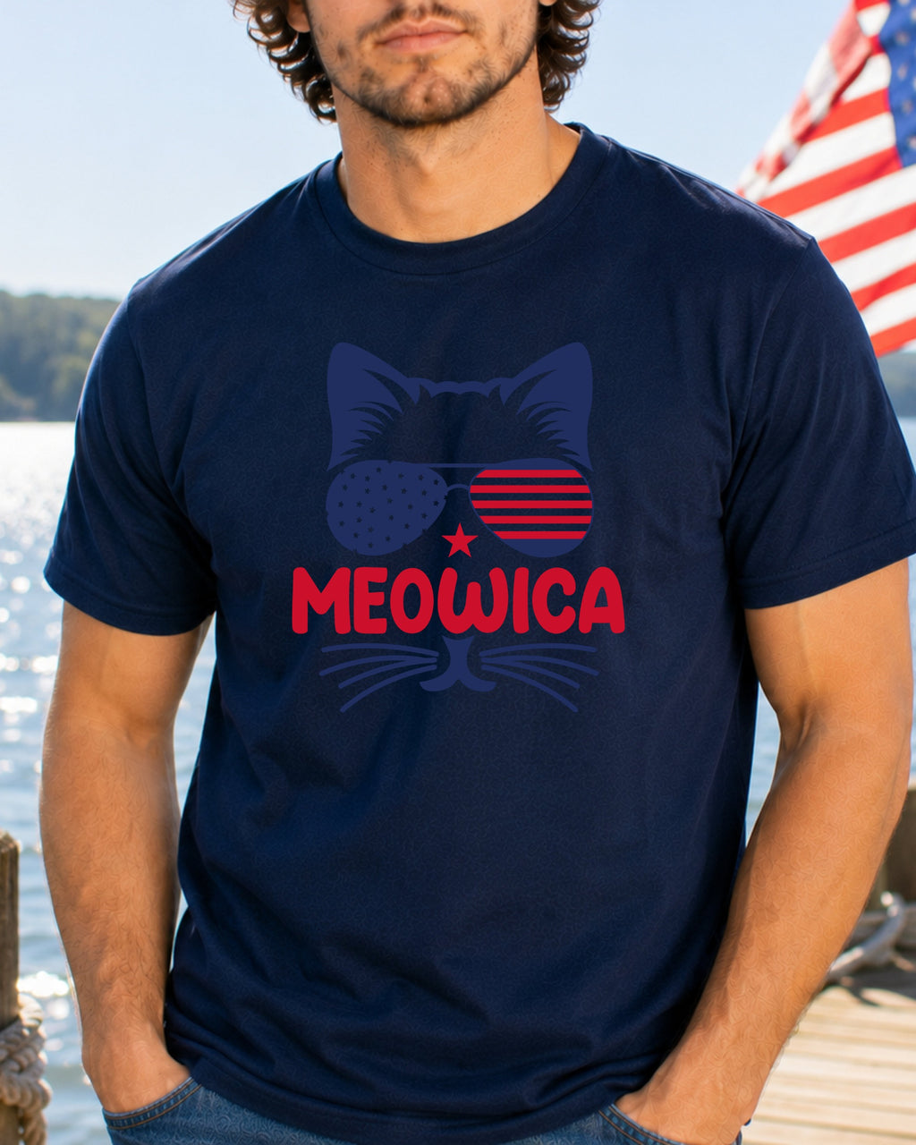 Navy t-shirt with "Meowica" text and cat wearing American flag sunglasses.
