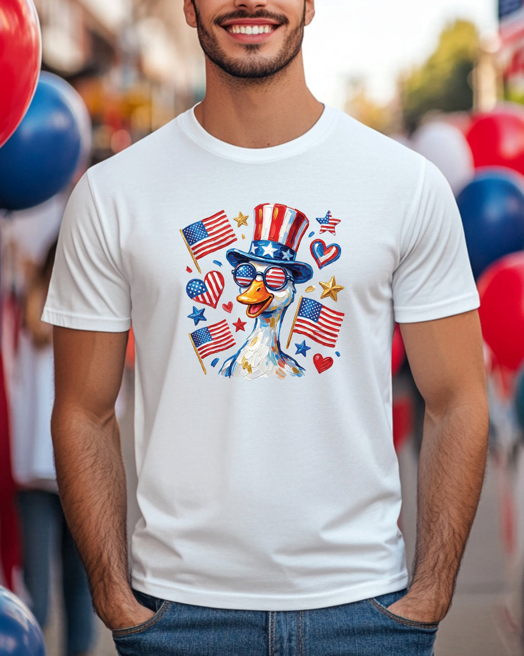 White t-shirt with patriotic duck wearing sunglasses and hat.