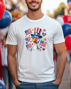 White t-shirt with patriotic duck wearing sunglasses and hat.