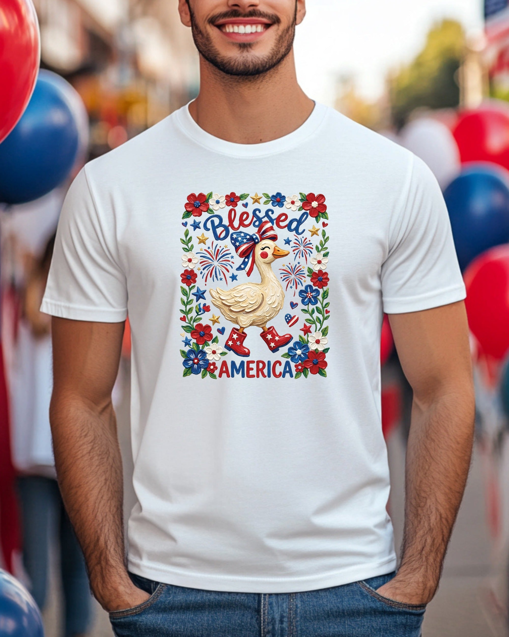 Goose in festive hat and boots, celebrating "Blessed America" with fireworks.