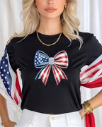 Black t-shirt with a patriotic American flag bow design.