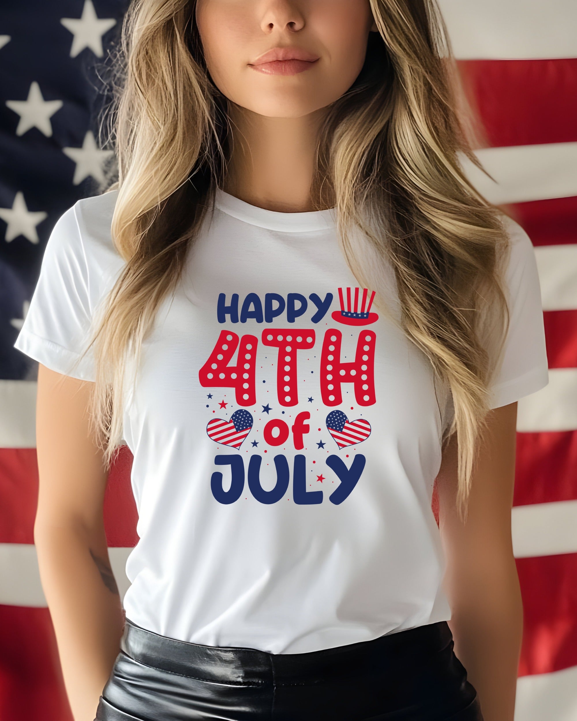 White t-shirt with "Happy 4th of July" text and patriotic graphics.