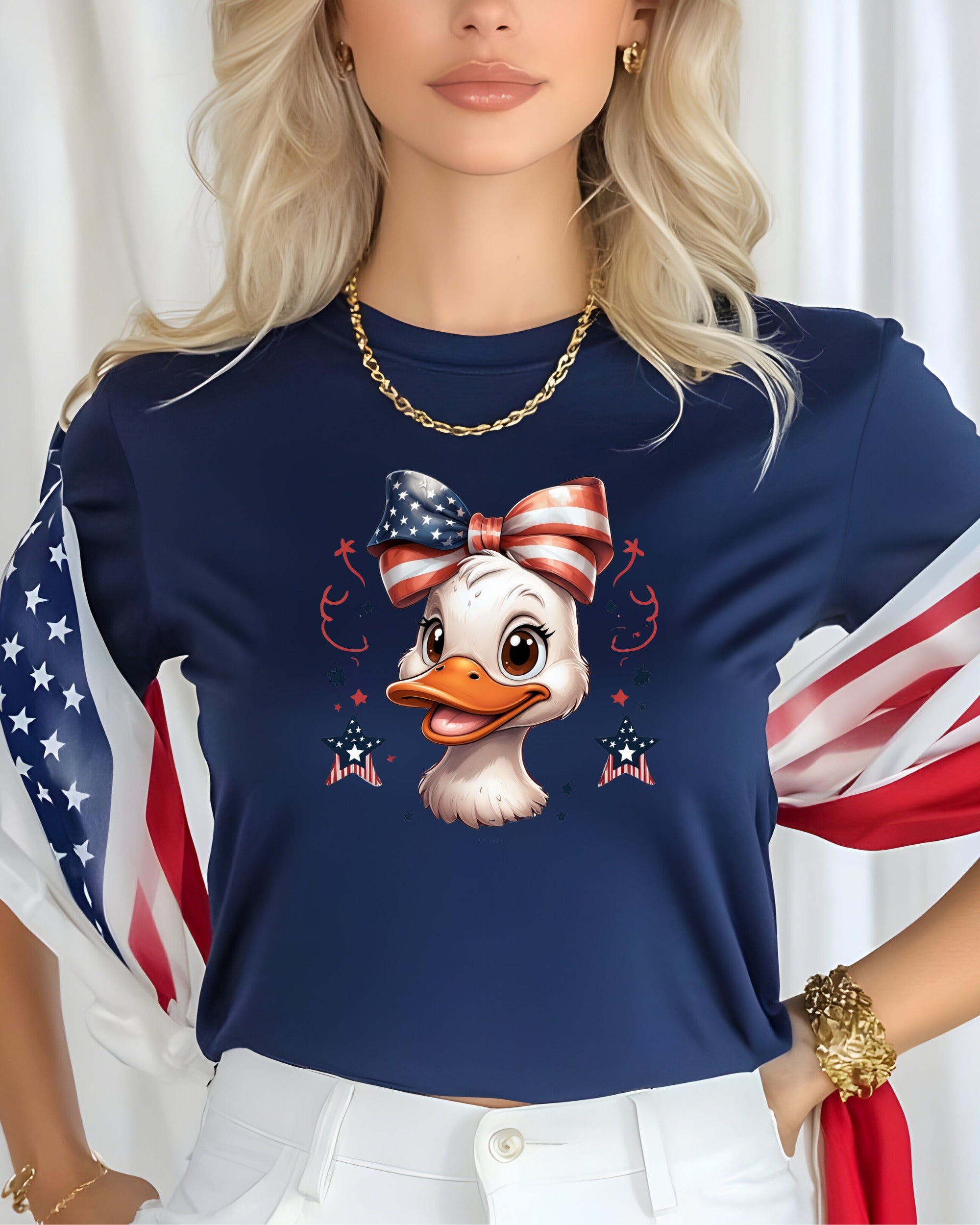 Navy t-shirt with a patriotic duck graphic wearing a bow tie.