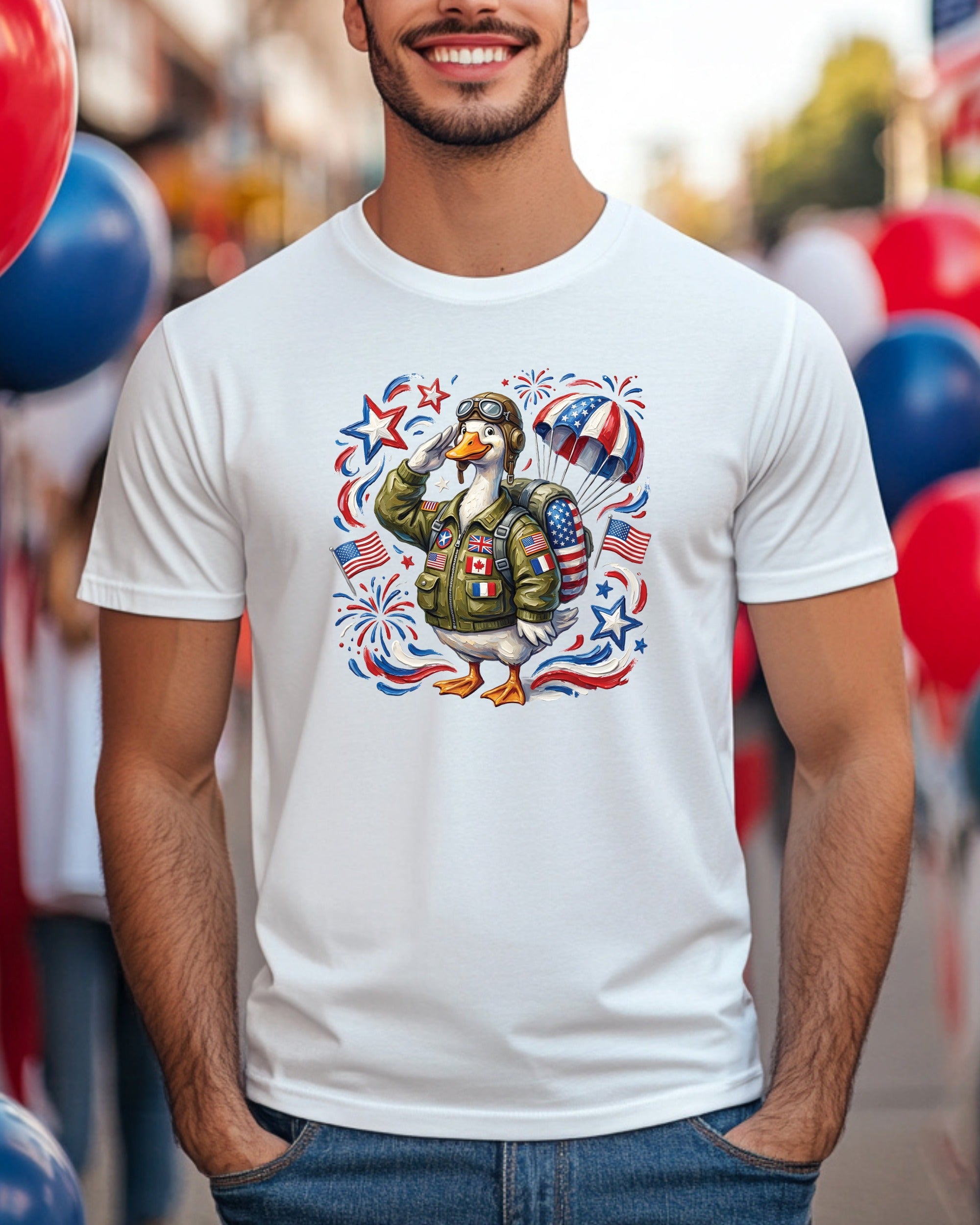 Patriotic duck in military uniform with parachute and American flags.