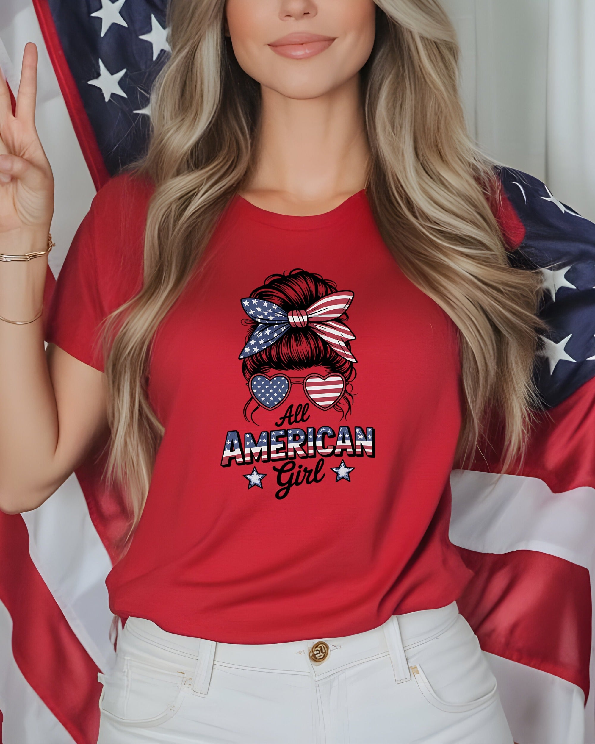 Woman in red t-shirt with "All American Girl" graphic and American flag.