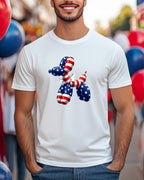 White t-shirt with a balloon dog design in American flag colors.