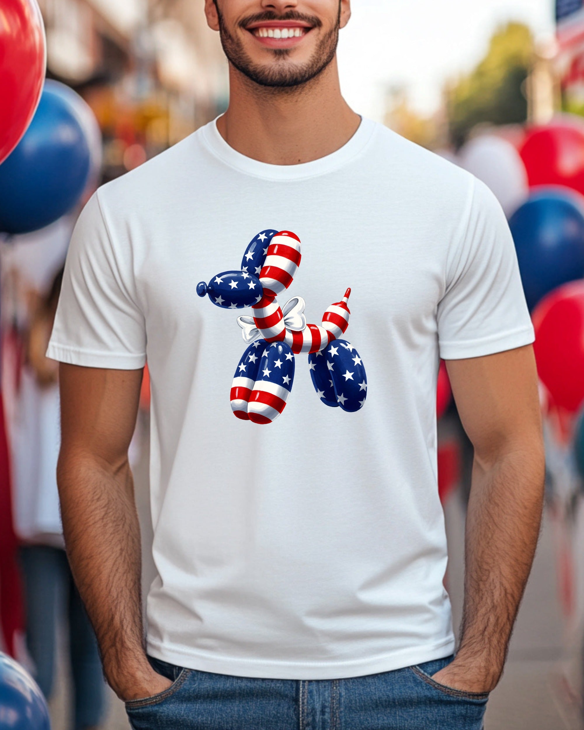 White t-shirt with a balloon dog design in American flag colors.