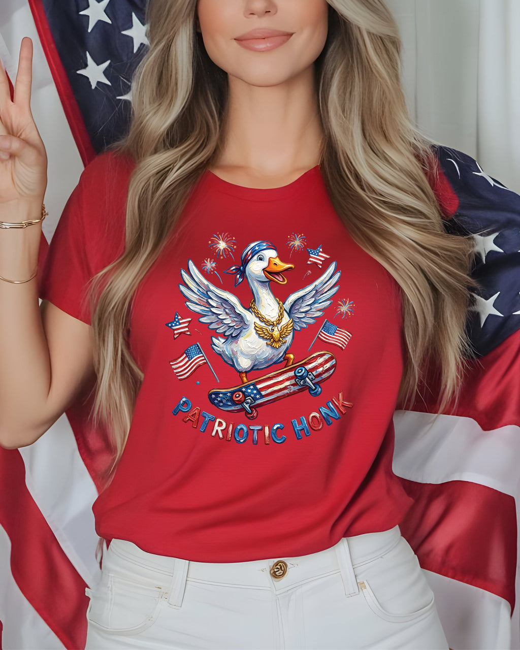 Red t-shirt with patriotic duck on skateboard and "Patriotic Honk" text.