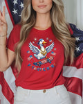Red t-shirt with patriotic duck on skateboard and "Patriotic Honk" text.