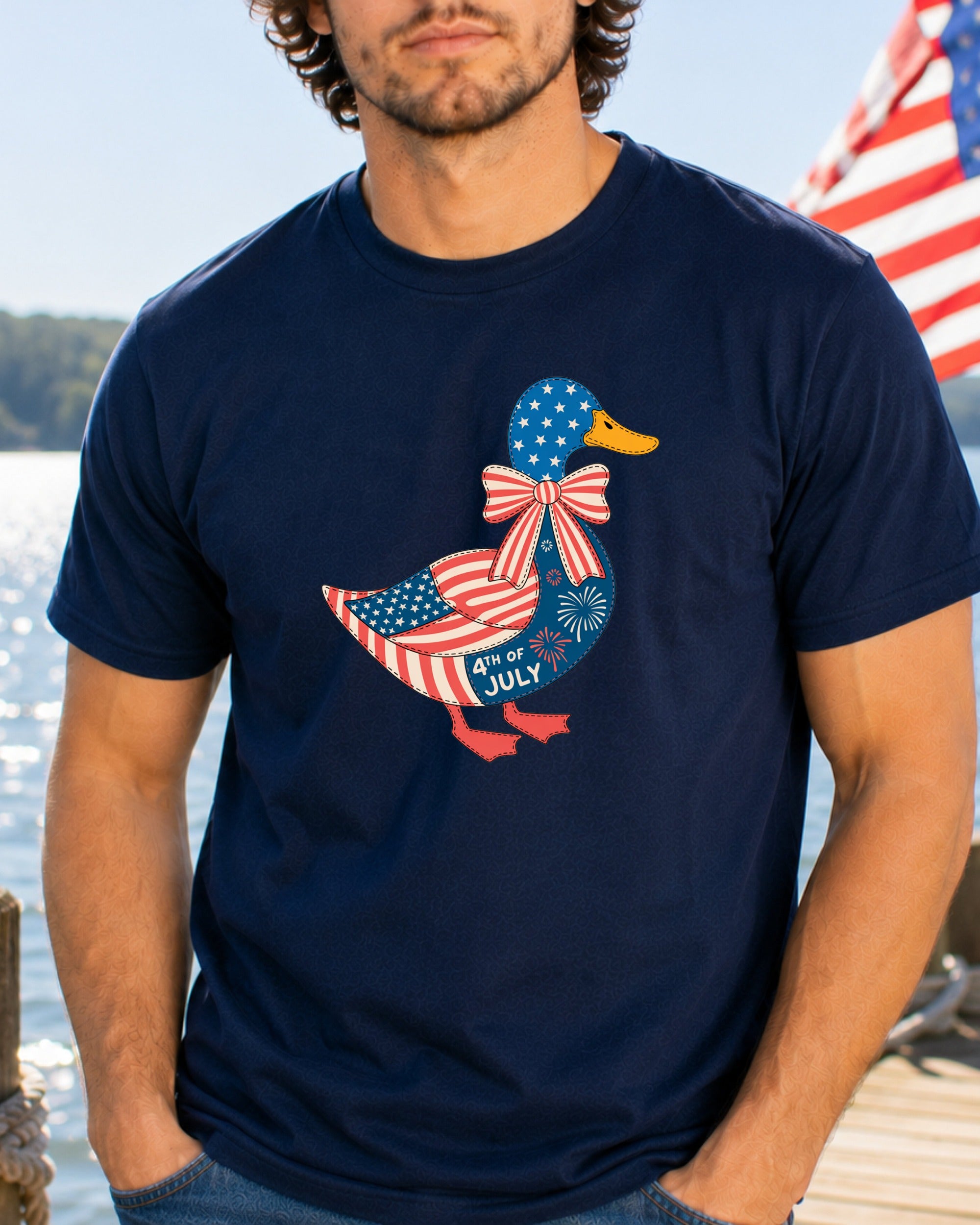 Navy t-shirt with a patriotic duck graphic and "4th of July" text.