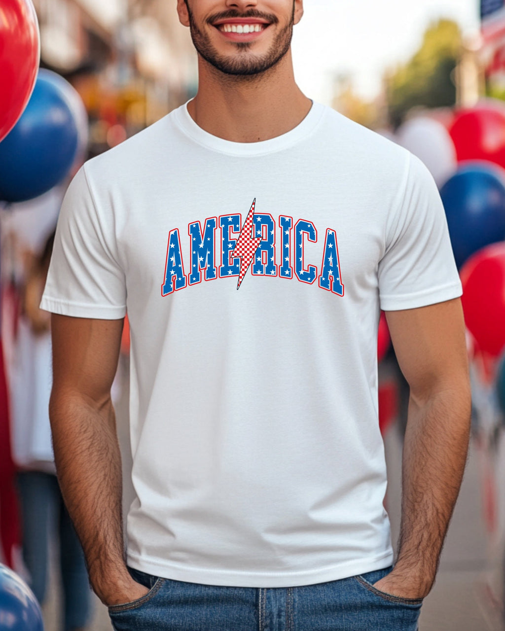White t-shirt with red, white, and blue "AMERICA" graphic and lightning bolt.