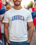 White t-shirt with red, white, and blue "AMERICA" graphic and lightning bolt.