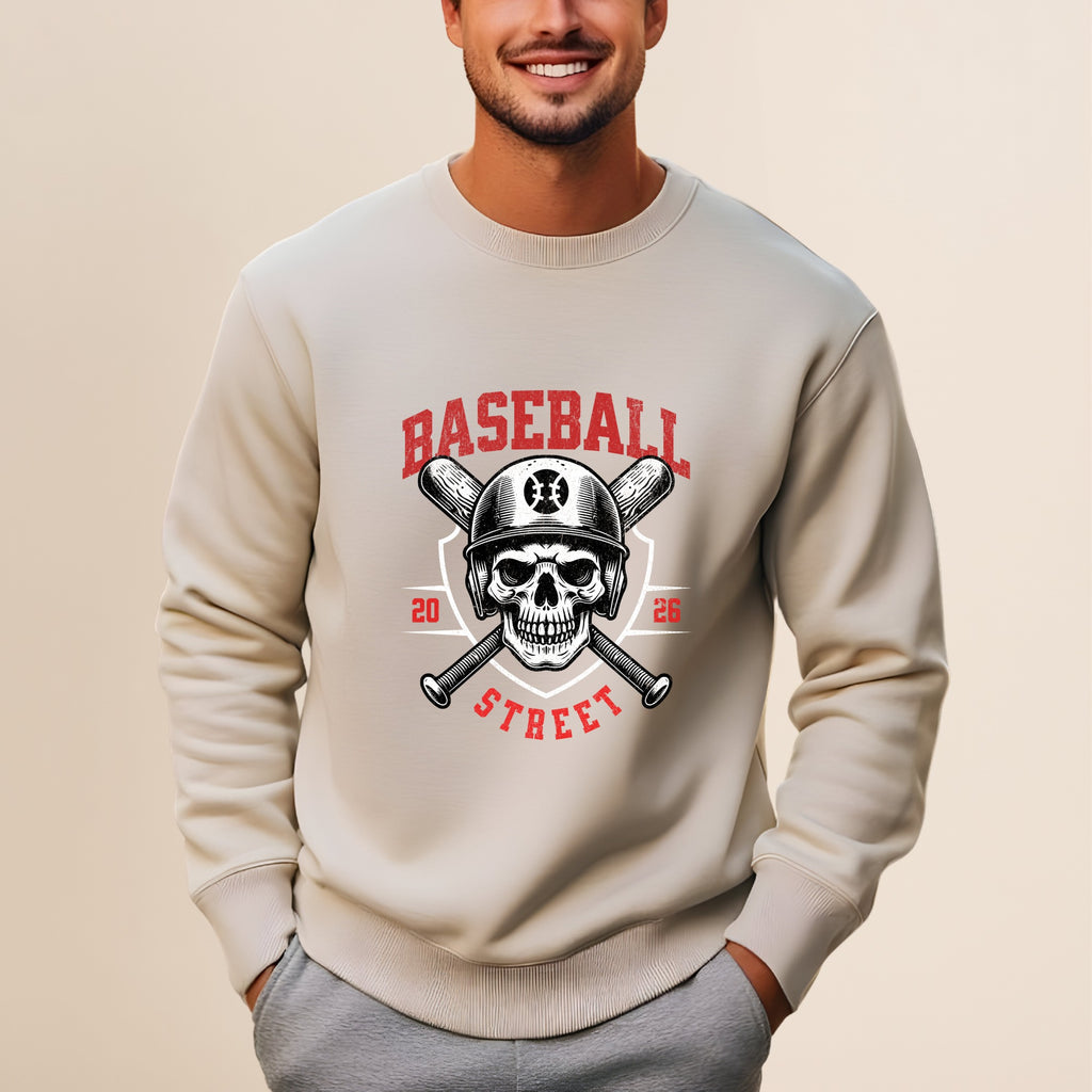 Baseball Street skull and crossed bats graphic on a light tan sweatshirt.