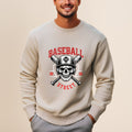 Baseball Street skull and crossed bats graphic on a light tan sweatshirt.