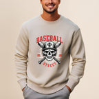 Baseball Street skull and crossed bats graphic on a light tan sweatshirt.