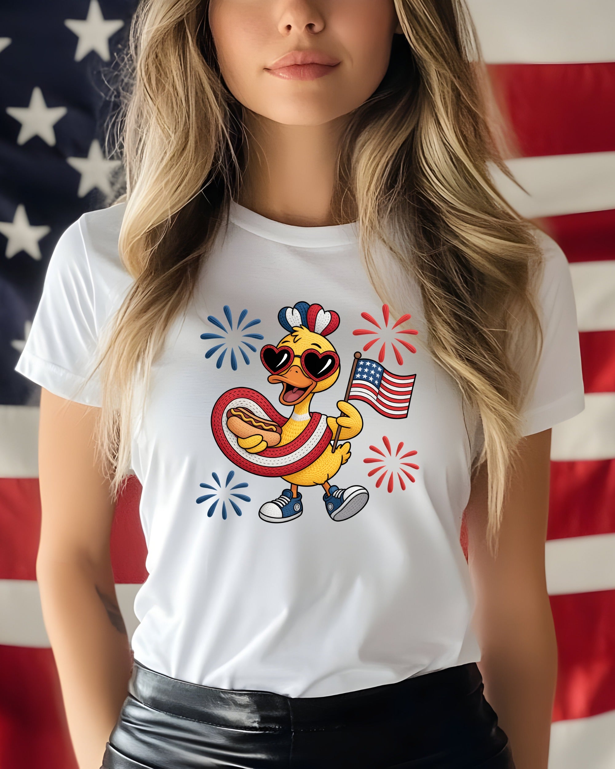 Cartoon duck wearing sunglasses and holding hot dog and American flag.