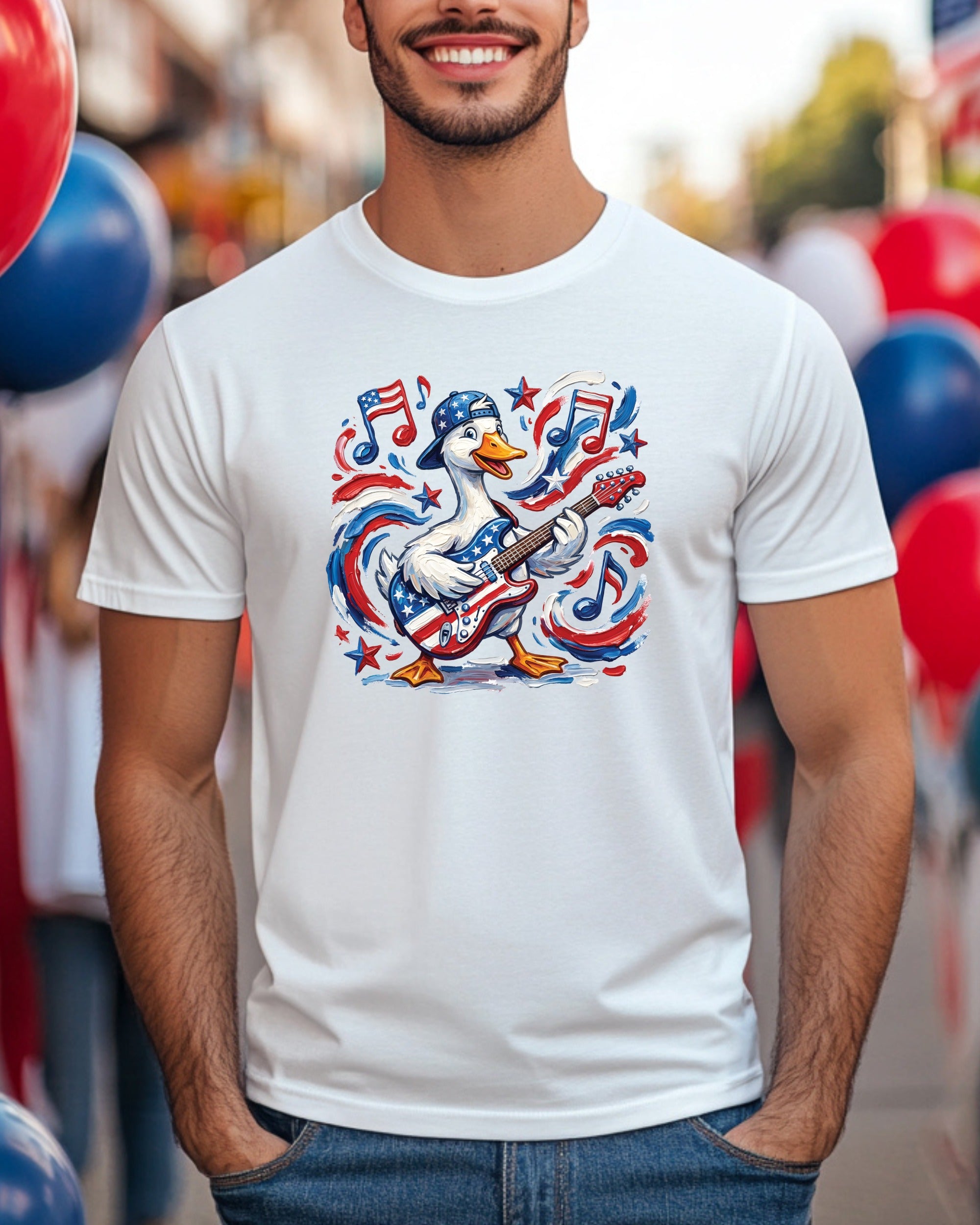 Cartoon duck wearing a bandana and playing guitar with patriotic American flag design.