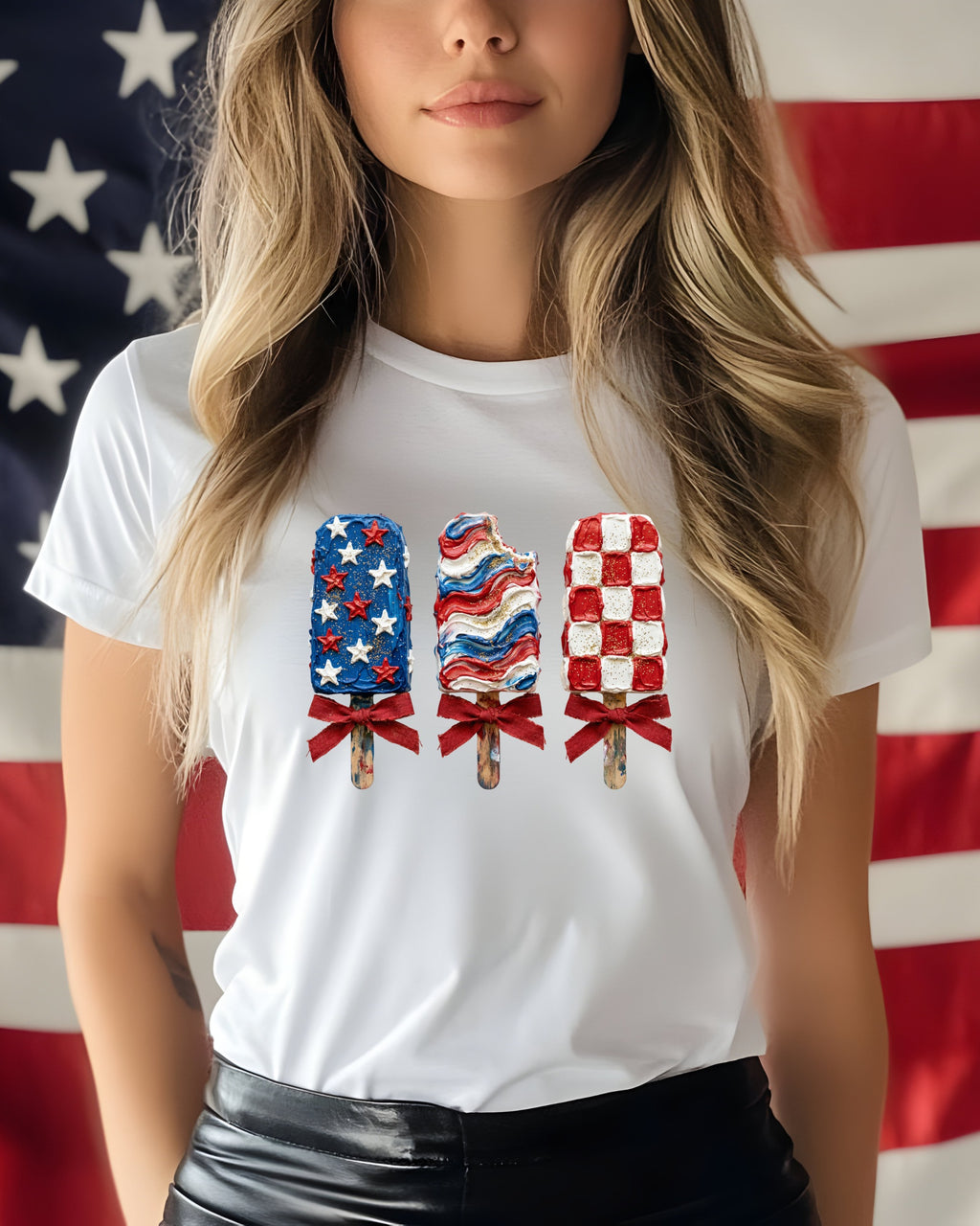 White t-shirt with three popsicle designs, one American flag themed.