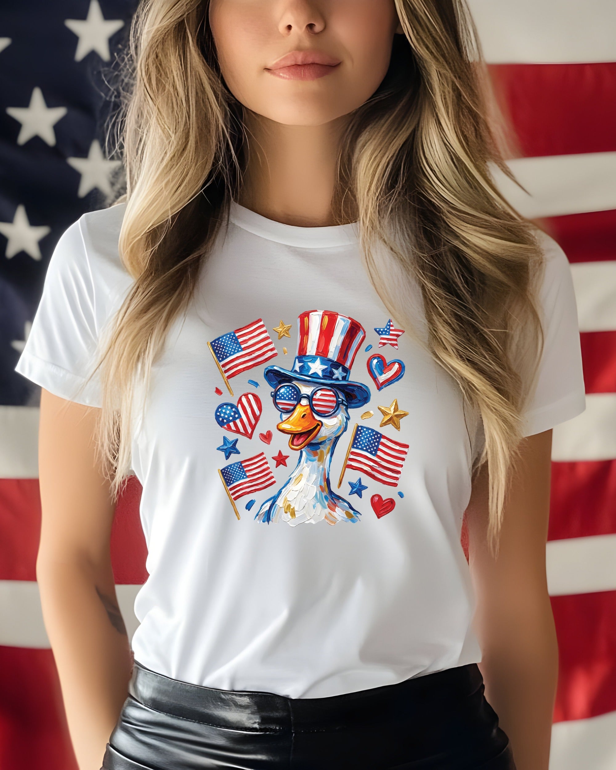 Duck wearing patriotic hat and sunglasses on white t-shirt with flags.