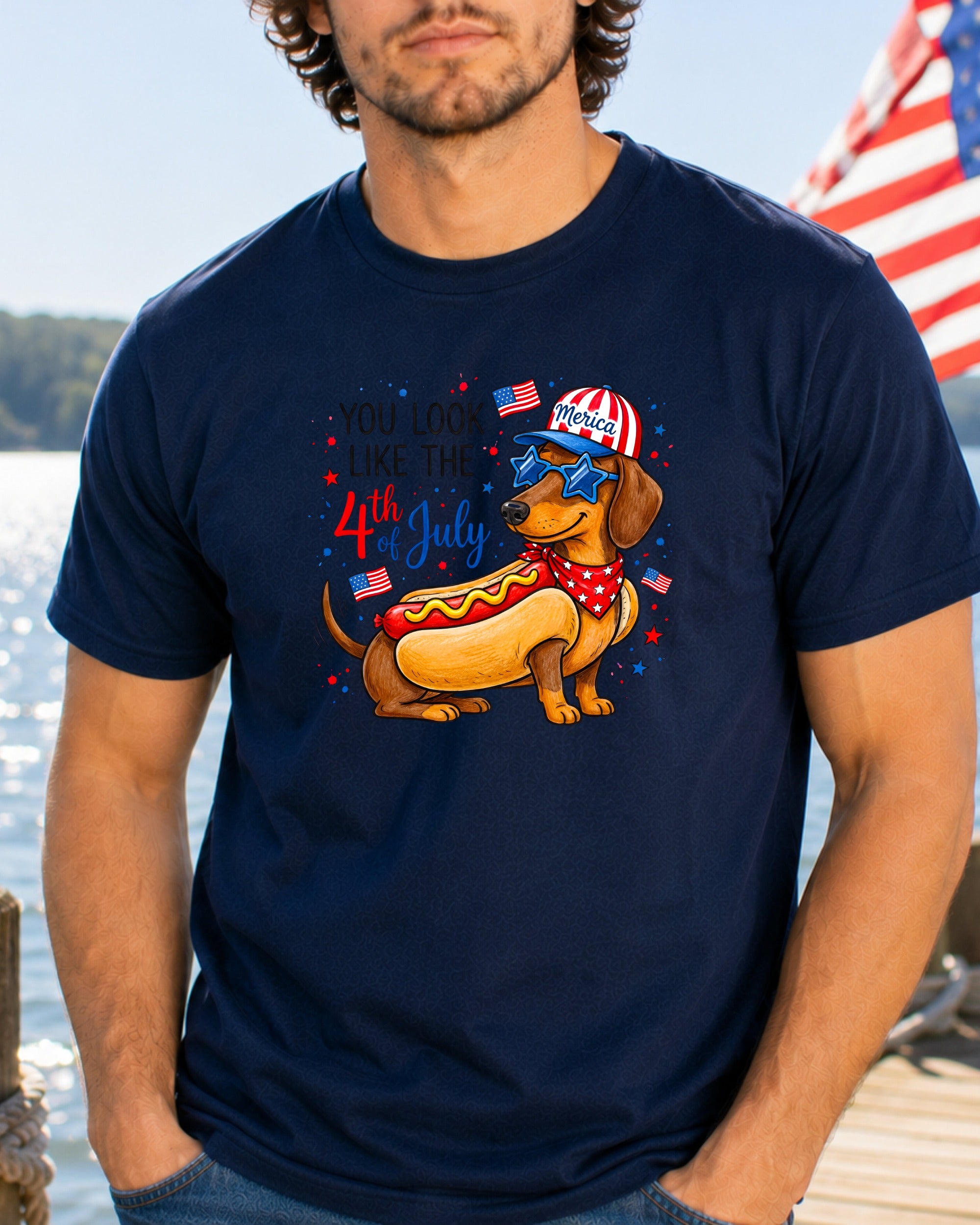 Hot dog with "You look like the 4th of July" text, wearing American flag hat.