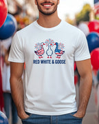 White t-shirt with three patriotic geese wearing hats, "RED WHITE & GOOSE" text.