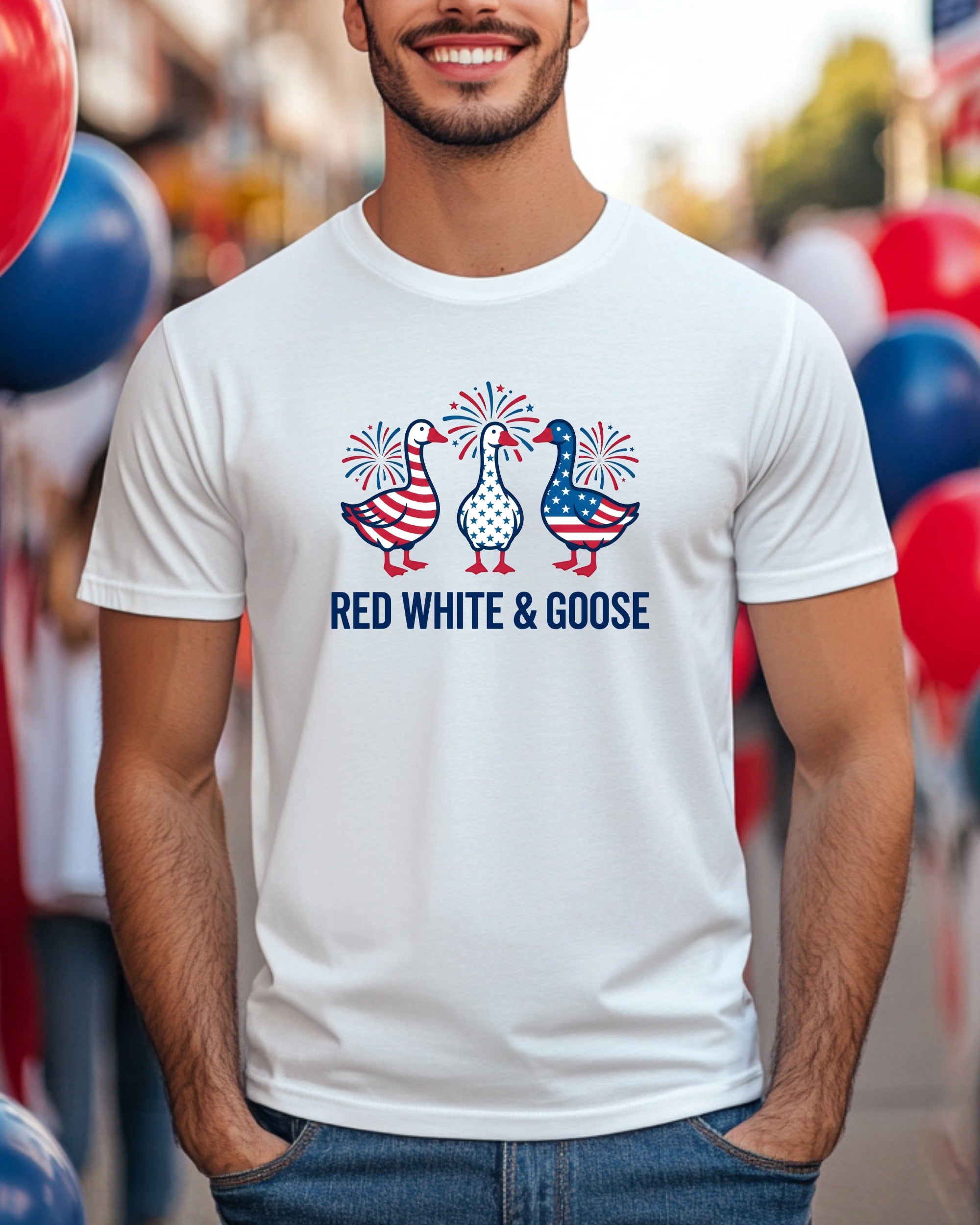 White t-shirt with three patriotic geese wearing hats, "RED WHITE & GOOSE" text.
