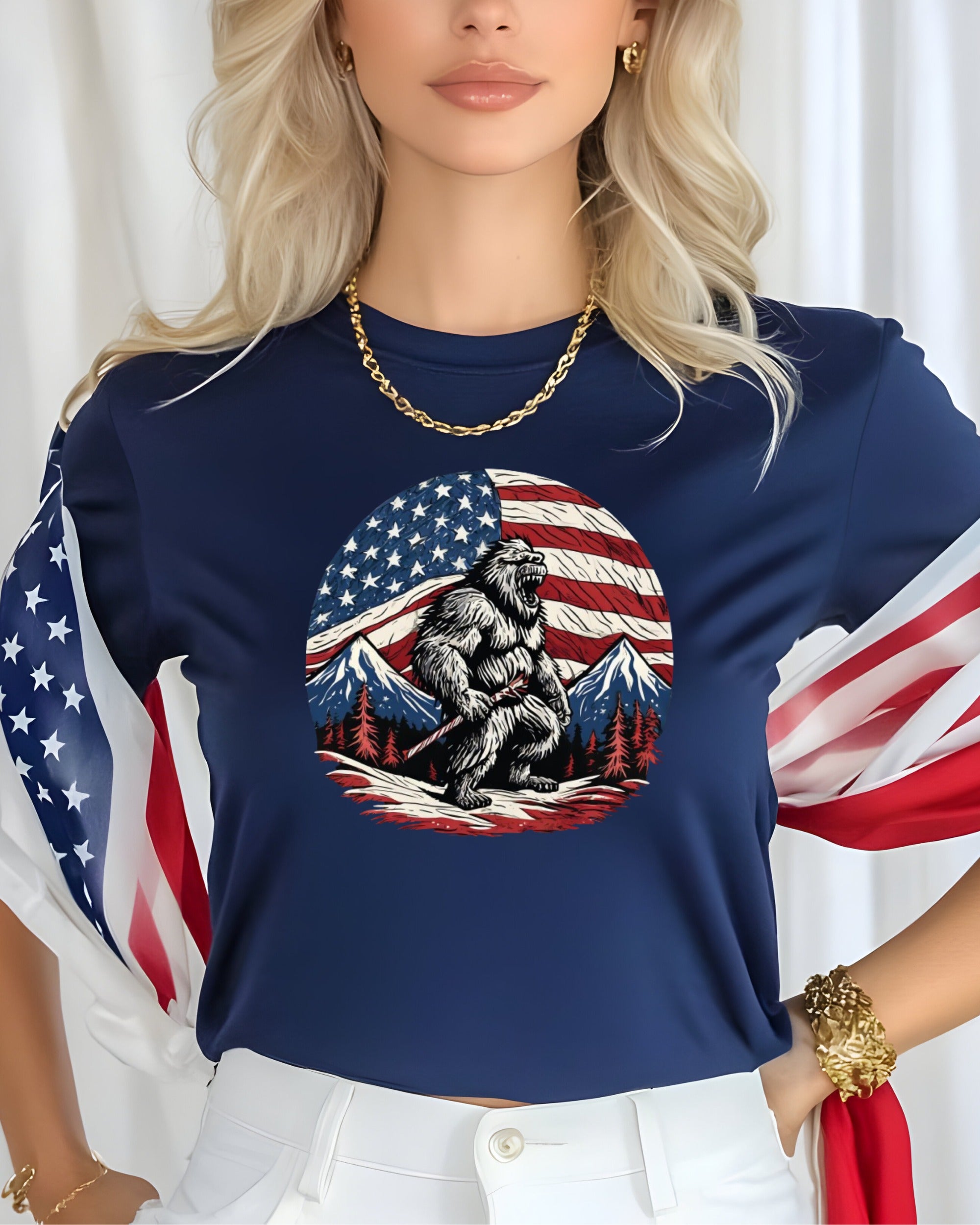 Bigfoot with axe standing before American flag circle and mountains.