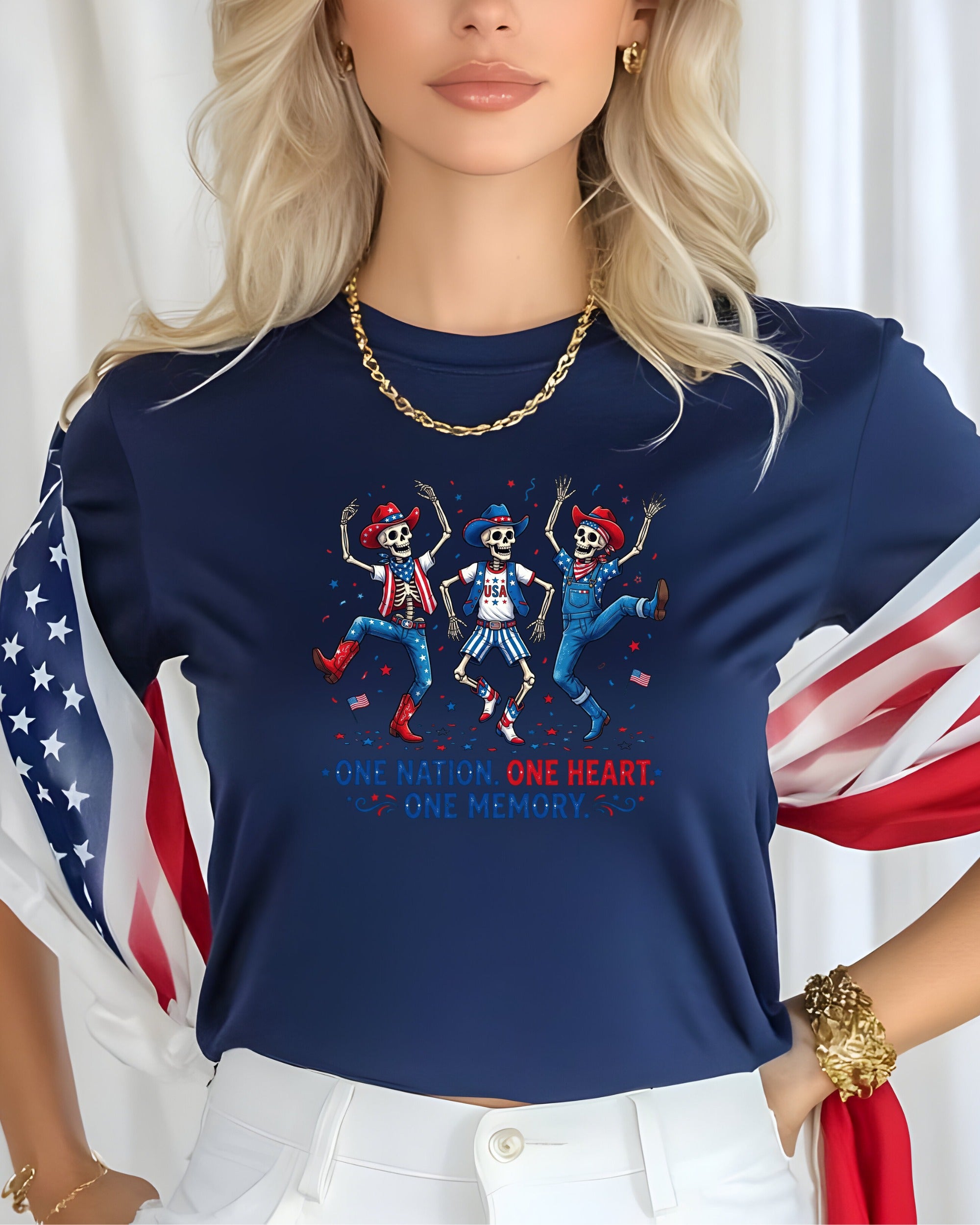 T-shirt with dancing skeletons in USA-themed outfits and patriotic text.