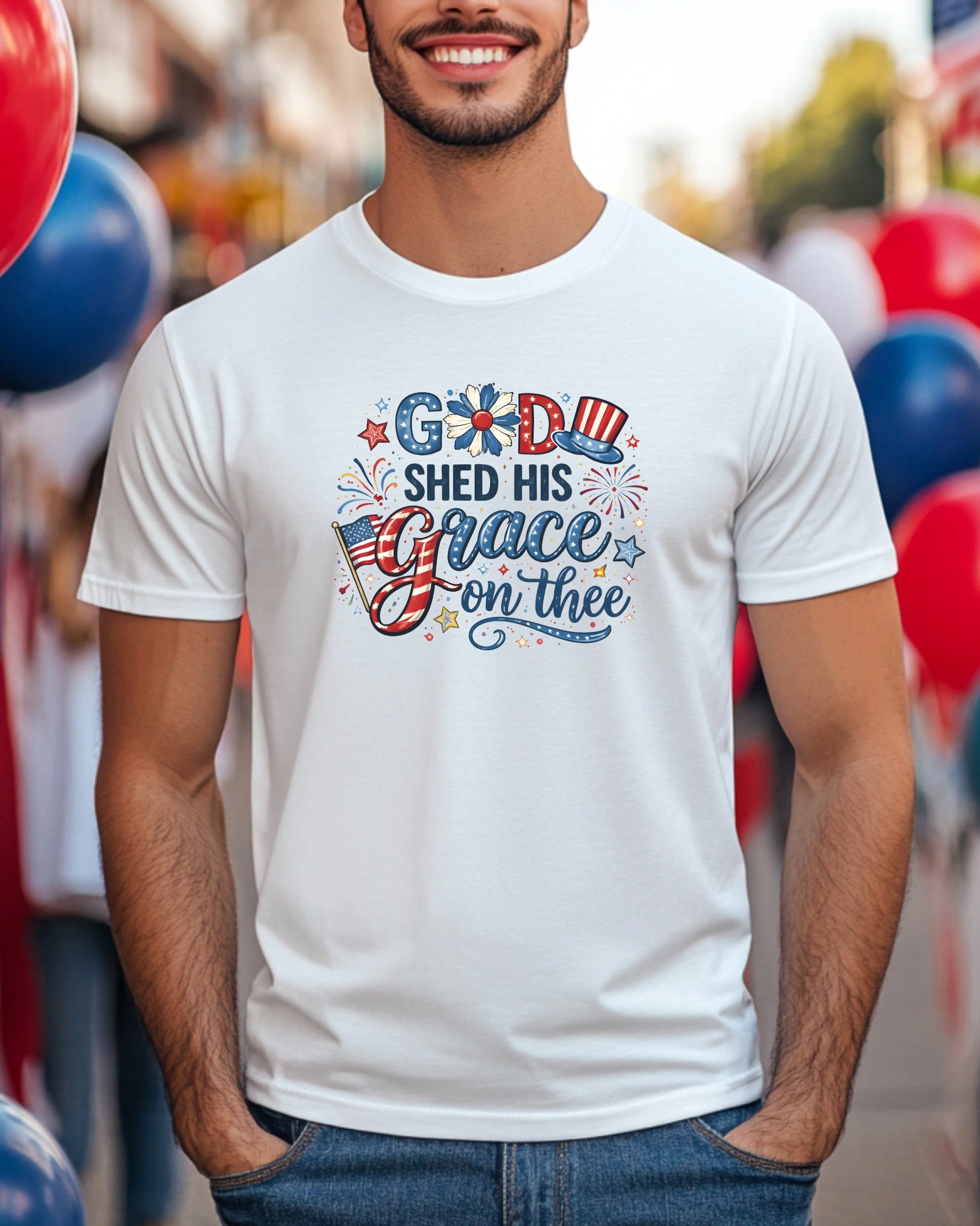 White t-shirt with "God Shed His Grace on Thee" in patriotic lettering.