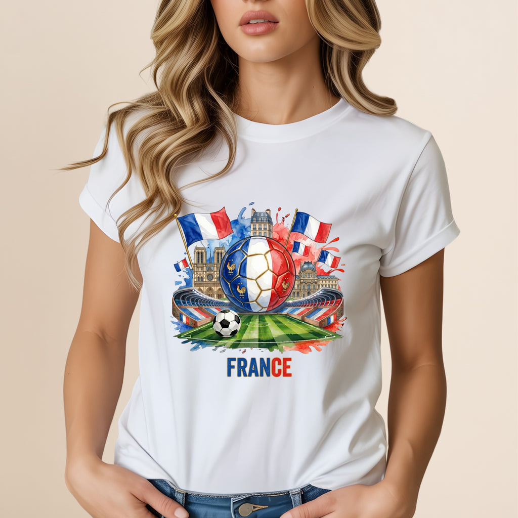 T-shirt with French flags, soccer ball, and Notre Dame.