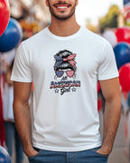 White t-shirt with "All American Girl" text and patriotic sunglasses graphic.